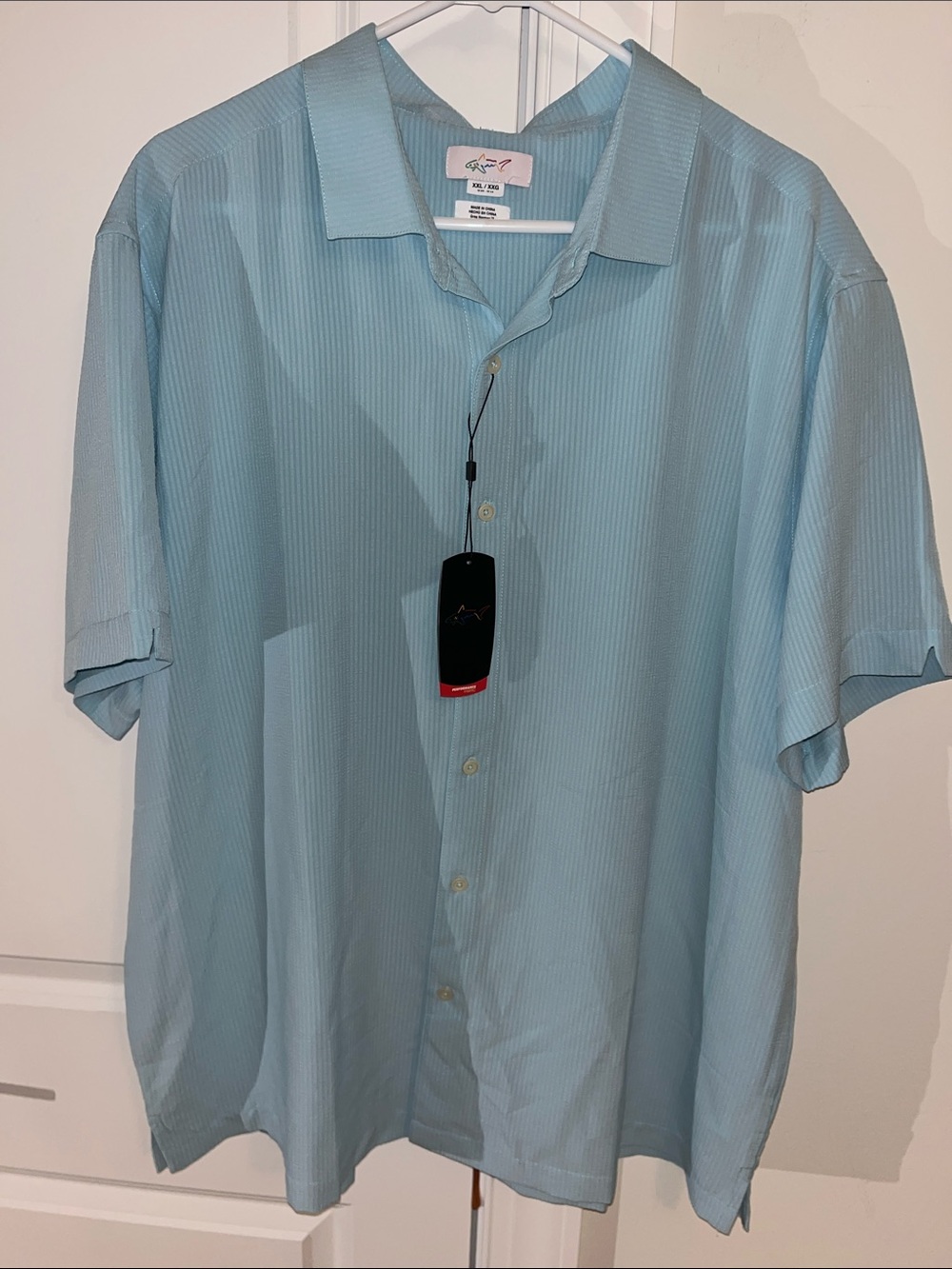 New Greg Norman Mens Sky Blue Micro Stripe Shirt Short Sleeve Party Luau Hawaii